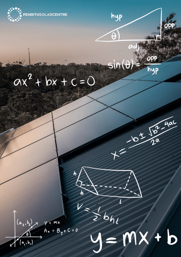 Solar panels on a roof with equations written on them.