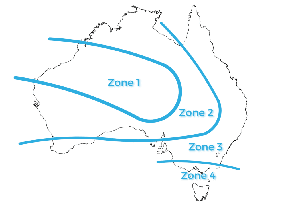 A map of australia with a blue line indicating zone 1 and zone 2.