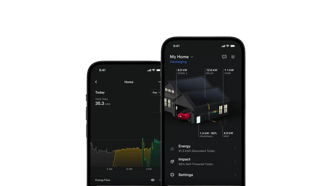 Two smartphone screens displaying home energy usage and management. The left screen shows a graph of daily energy flow, while the right screen shows a 3D model of a house with energy stats.