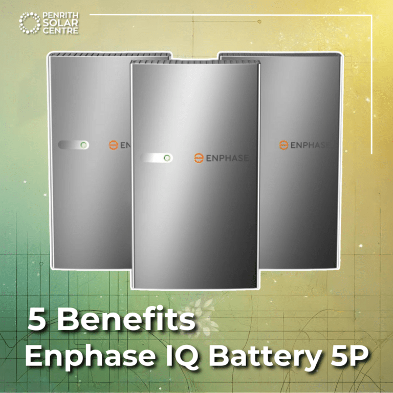 Three Enphase IQ Battery 5P units are displayed against a gradient background with text "5 Benefits Enphase IQ Battery 5P" and the Penrith Solar Centre logo in the top left corner.