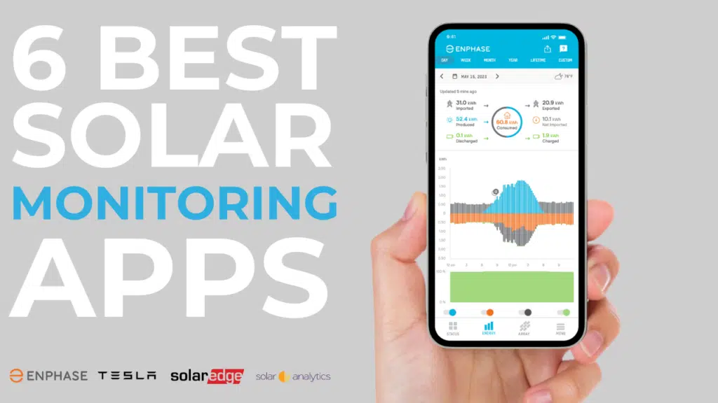 A hand holds a smartphone displaying a solar monitoring app. Text reads "6 Best Solar Monitoring Apps" with logos of Enphase, Tesla, SolarEdge, solar, and Enlighten shown at the bottom.