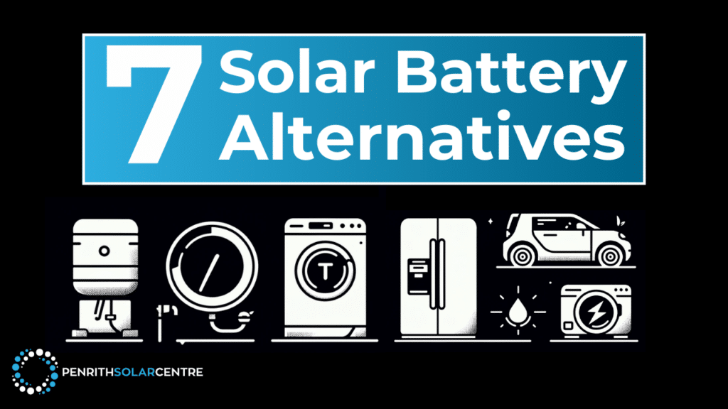 Image showing the title "7 Solar Battery Alternatives" with icons of a water heater, washing machine, refrigerator, electric car, and other electrical devices at the bottom. Penrith Solar Centre logo is also visible.