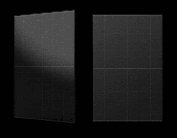 Two black solar panels with a grid pattern are displayed against a black background. The panel on the left is viewed at an angle, while the panel on the right is seen from the front.