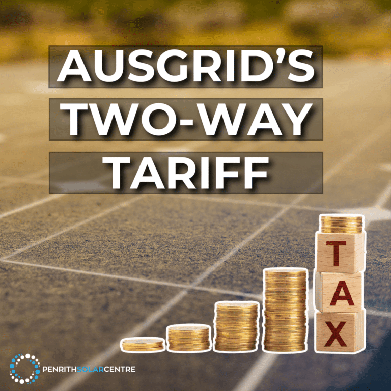 A promotional image for Ausgrid's two-way tariff by Penrith Solar Centre, featuring stacked coins with "TAX" blocks on a solar panel background.