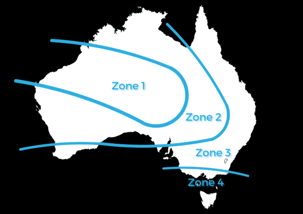 Map of Australia divided into four zones labeled Zone 1, Zone 2, Zone 3, and Zone 4 from north to south, indicated by blue curved lines.