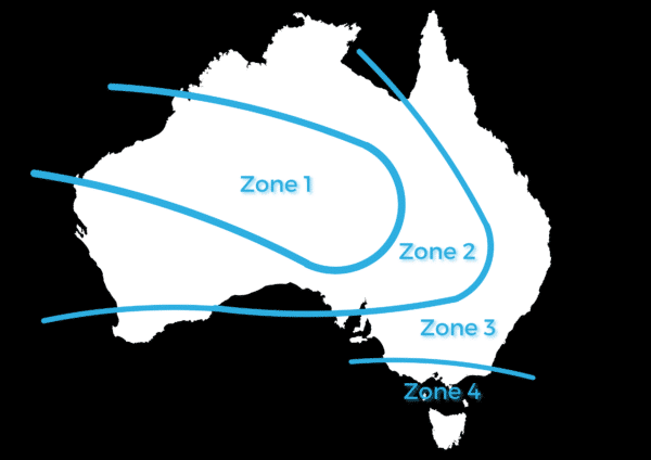 Map of Australia divided into four weather zones: Zone 1 (northwest), Zone 2 (central), Zone 3 (southeast), and Zone 4 (southern coast). Blue lines depict the boundaries of each zone.