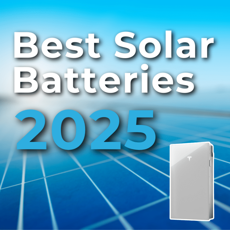 Text reads "Best Solar Batteries 2025" on a solar panel background with an image of a battery.