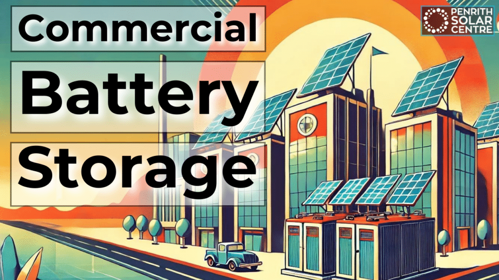 Illustration of a modern building with solar panels and battery storage units, with the words "Commercial Battery Storage" overlaying the image and the logo of Penrith Solar Centre in the corner.
