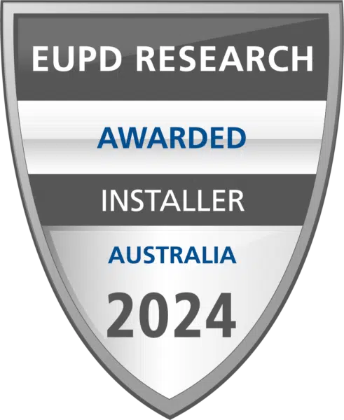 Award badge with "EUPD Research Awarded Installer Australia 2024" text on a shield design.