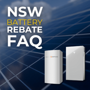 Two home battery systems, labeled Enphase and Tesla, are displayed against a solar panel background. Text reads "NSW Battery Rebate FAQ.