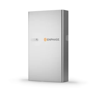 A rectangular, metallic, wall-mounted electrical device with the logo "Enphase" on the front.