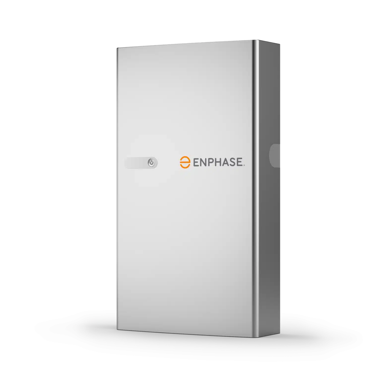 A rectangular, metallic, wall-mounted electrical device with the logo "Enphase" on the front.