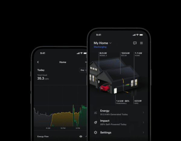 Two smartphones display energy consumption and solar power generation data through a home energy management app interface. The screens show graphs and an illustration of a solar-powered house.