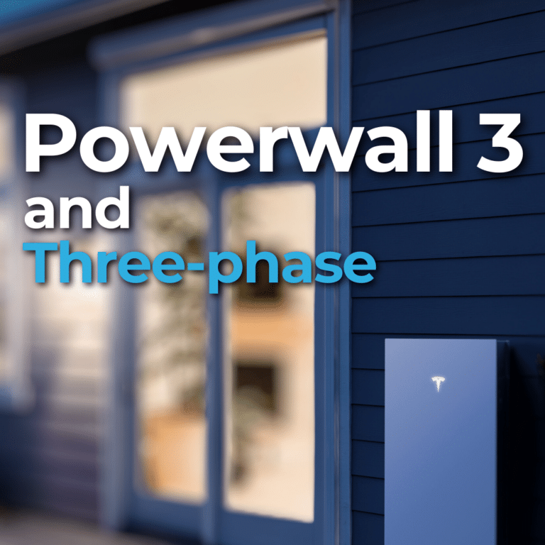 Image of a blue building with text "Powerwall 3 and Three-phase" in white and blue letters, and a device mounted on the wall.