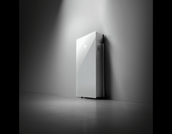 A sleek, wall-mounted home battery pack with a glossy white finish is affixed to a gray wall under a focused light beam.