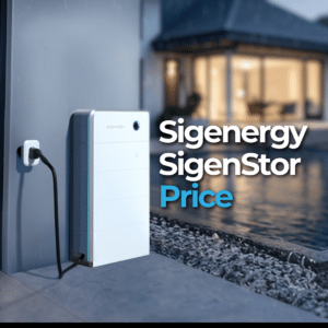 A Sigenergy SigenStor battery is installed outdoors, connected to a wall socket, with a blurred building and pool in the background. Text reads: "Sigenergy SigenStor Price.