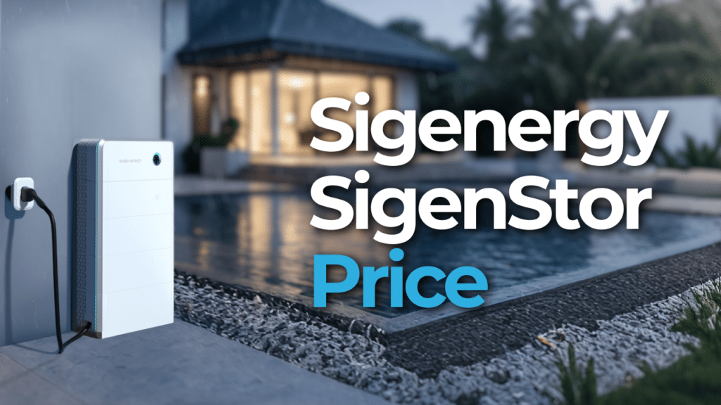 Outdoor scene with a SigenStor battery system mounted on a wall near a pool, next to a modern house. Text overlay reads, "Sigenergy SigenStor Price.