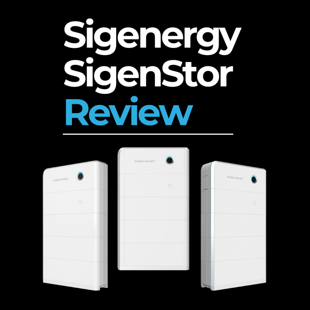 Cover image featuring three white SigenStor battery storage units with the text "Sigenergy SigenStor Review" on a black background.