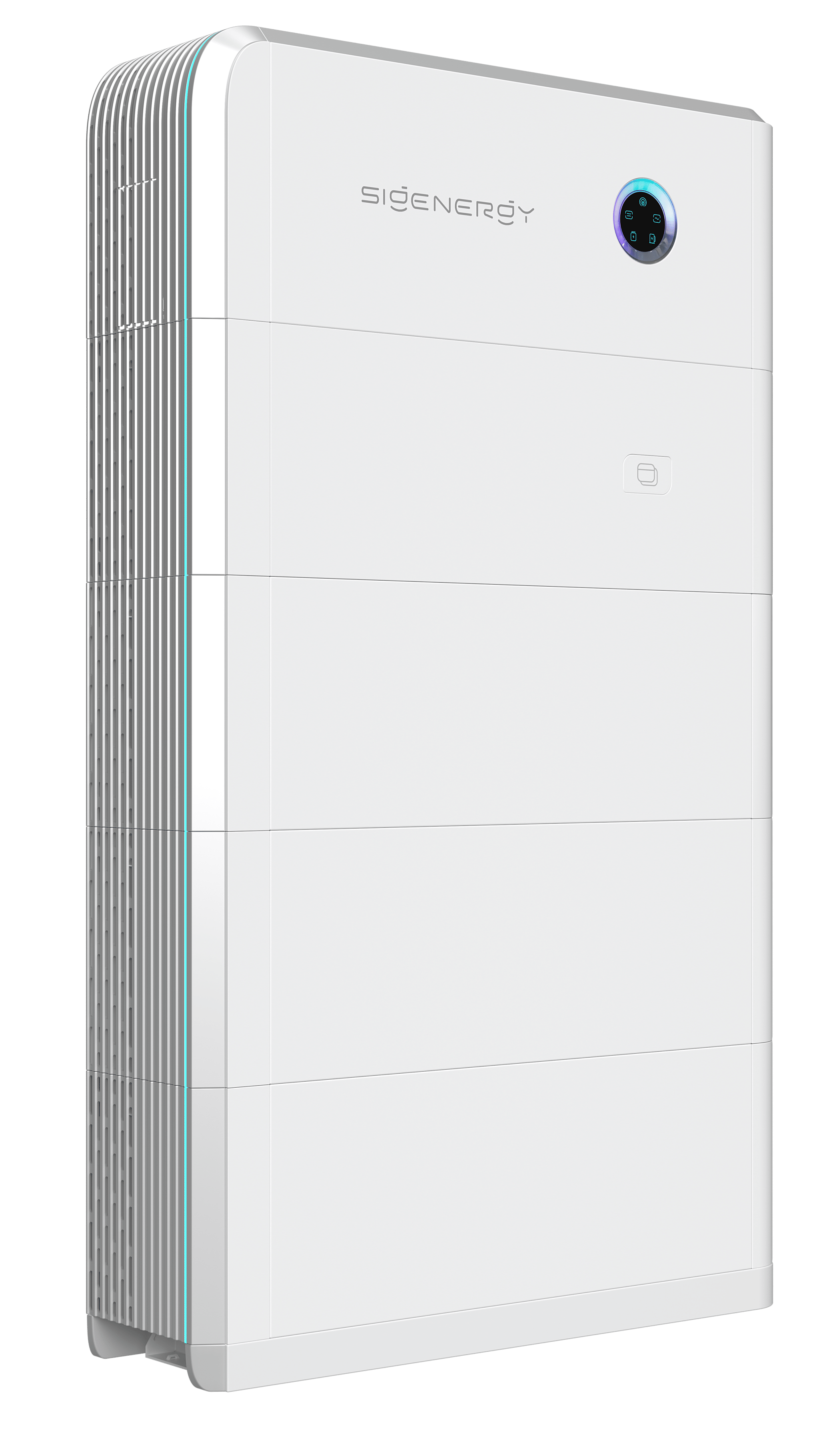 A modern, white vertical appliance with a digital display on the top right corner and horizontal vent lines on the left side.