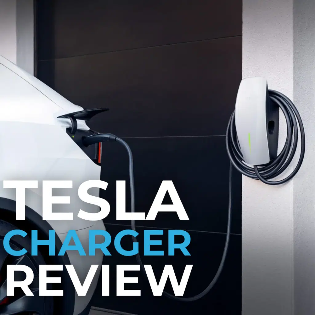 A Tesla car is plugged into a wall-mounted charger. The text "Tesla Charger Review" is displayed on the image.