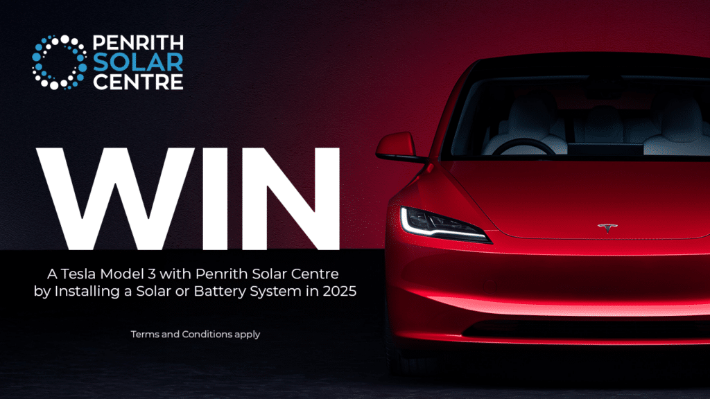 Advertisement featuring a red Tesla Model 3 promoting a contest to win the car by installing a solar or battery system with Penrith Solar Centre in 2025.