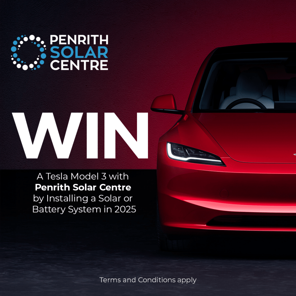 Red Tesla Model 3 next to text promoting a contest by Penrith Solar Centre.