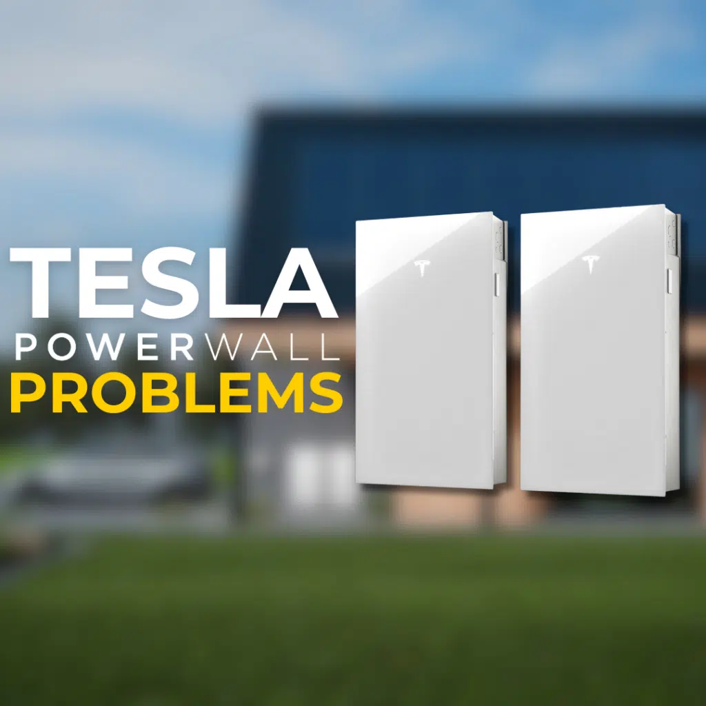 Image of two Tesla Powerwall units with the text "Tesla Powerwall Problems" over a blurred background of a modern house.