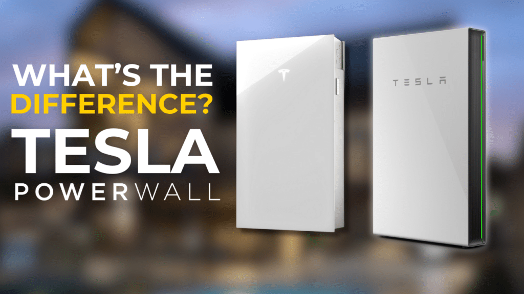 Two Tesla Powerwall units with the text "What's the Difference?" above and "Tesla Powerwall" below, displayed against a blurred background.