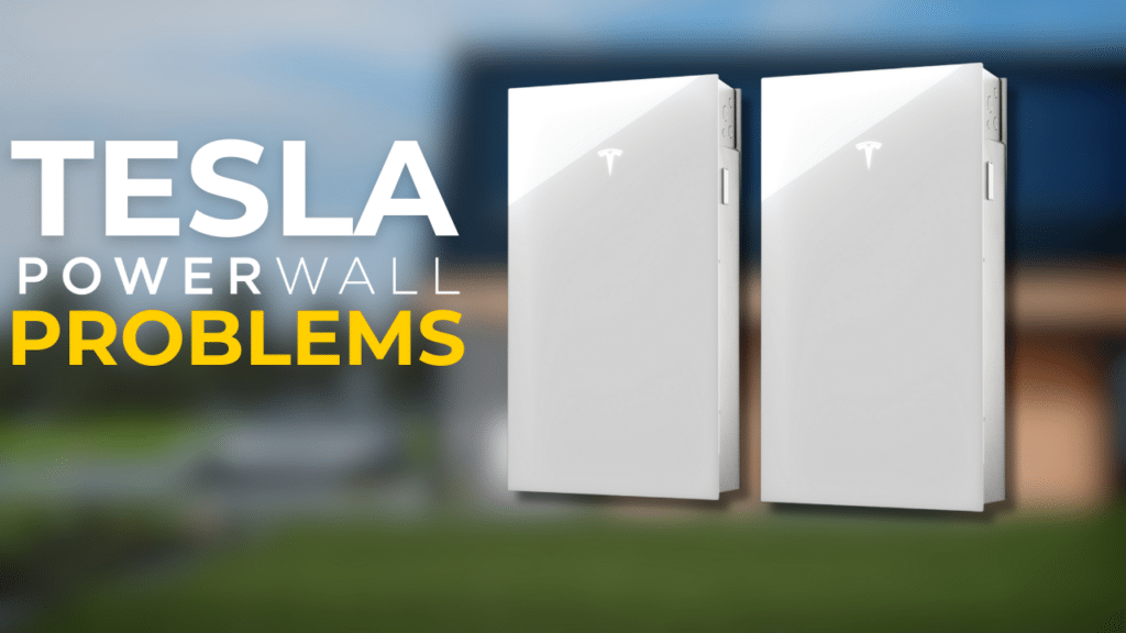 Image showing two Tesla Powerwall units with the text "Tesla Powerwall Problems" on the left side. The background is slightly blurred.