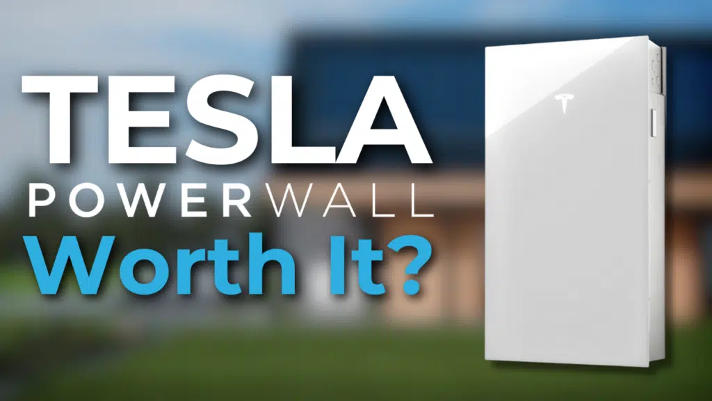 Tesla Powerwall with text "Worth It?" against a blurred background of a modern house and greenery.