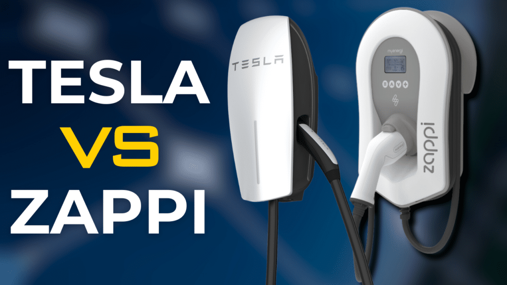 A Tesla wall charger is compared side-by-side with a Zappi wall charger, with text "TESLA VS ZAPPI" displayed prominently.