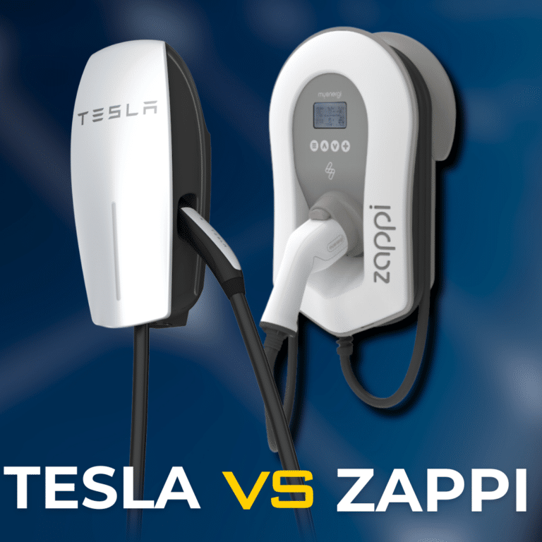 An image showing two EV chargers, Tesla on the left and Zappi on the right, set against a blue background with the text "TESLA VS ZAPPI" at the bottom.