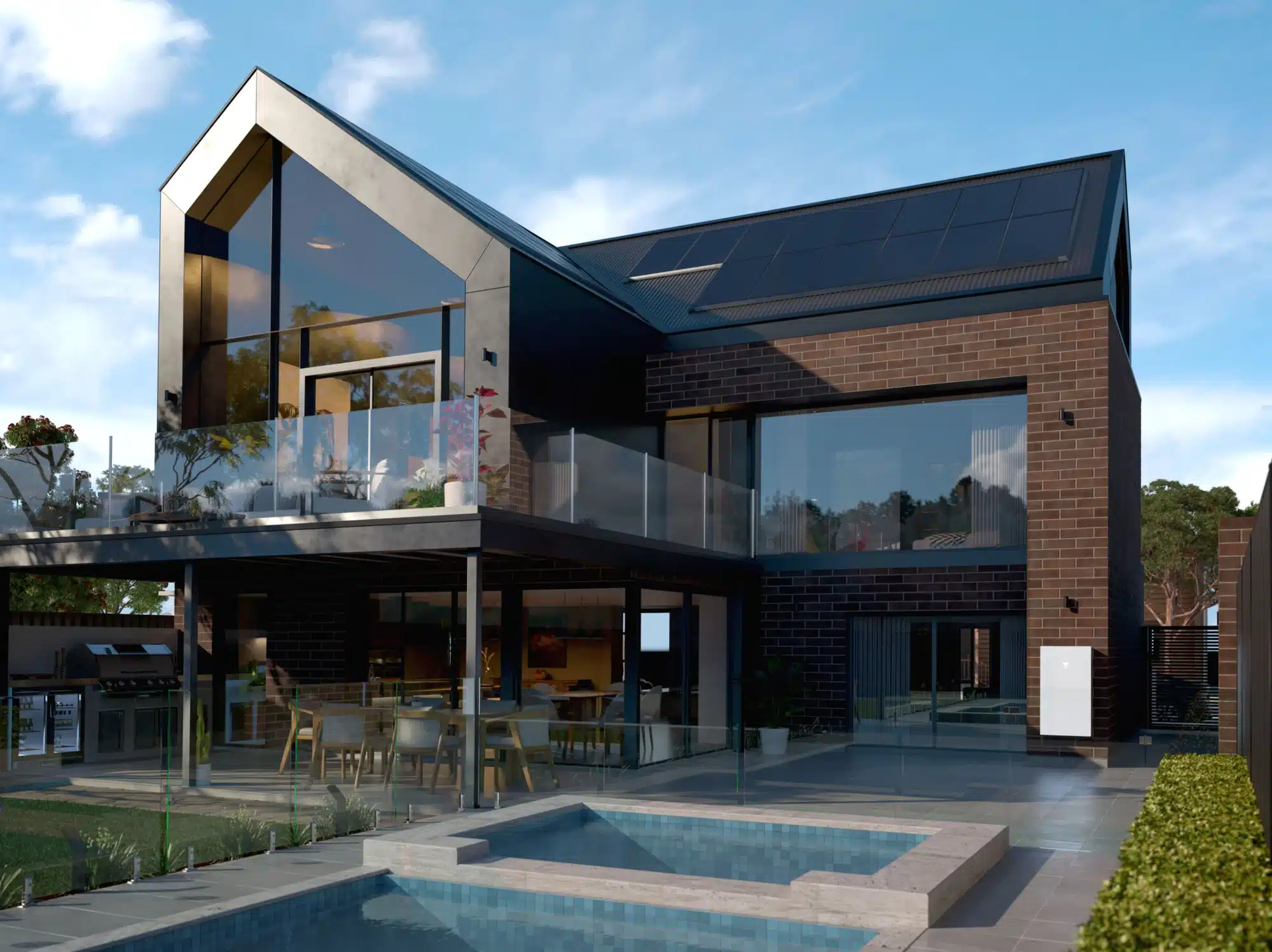 A modern two-story house with large glass windows, a brick and black exterior, solar panels on the roof, a swimming pool, and outdoor seating area in the backyard.