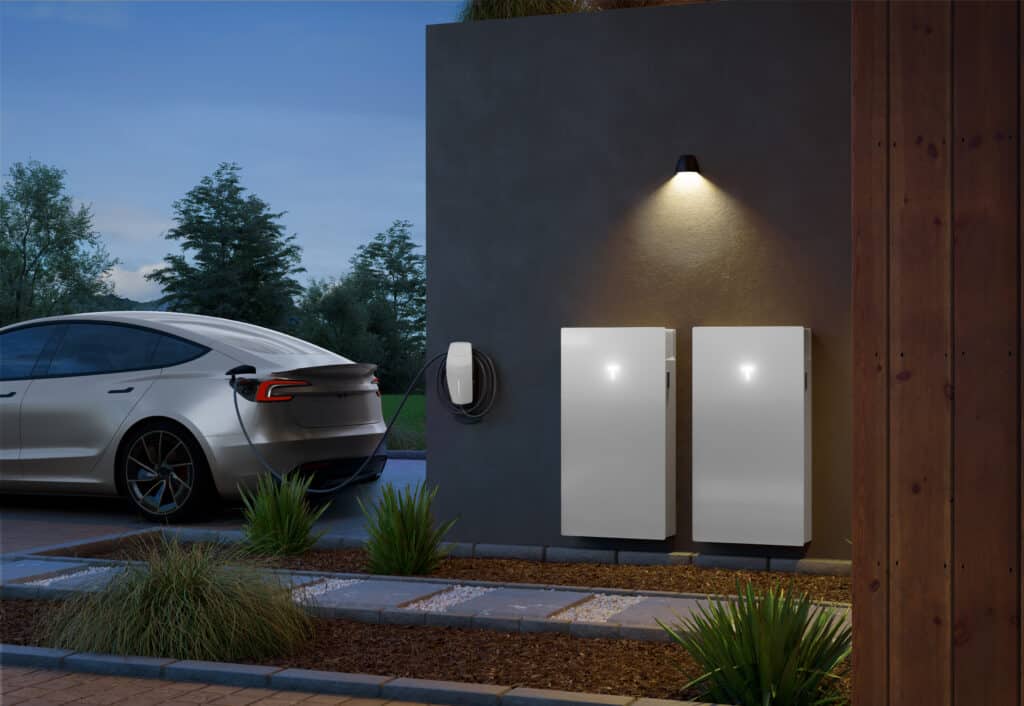 Two Powerwalls and an electric vehicle charging.