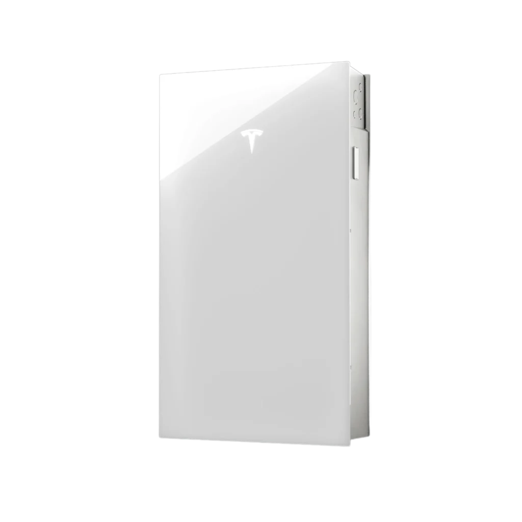 A sleek white Tesla Powerwall, designed for home energy storage, is shown against a black background.