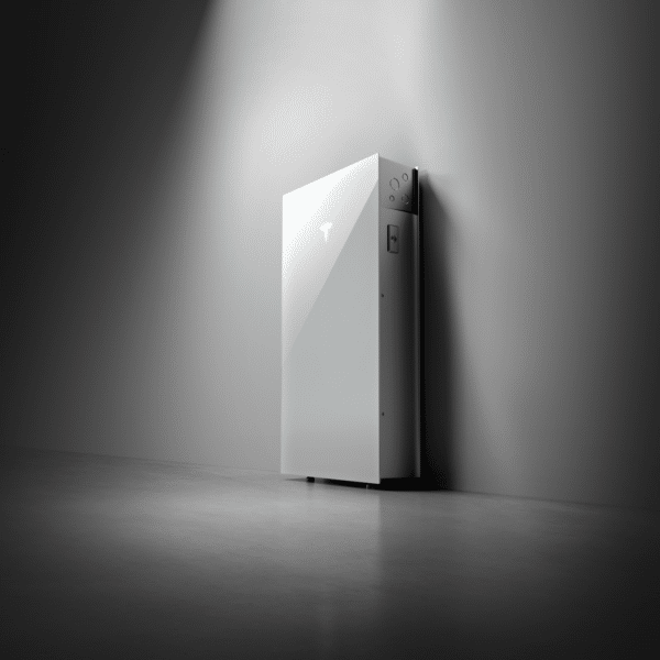 A sleek, white energy storage unit with a minimalist design, positioned against a gray wall under a focused light beam.