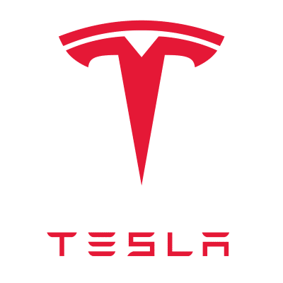 Red Tesla logo with stylized "T" above the word "TESLA" on a black background.