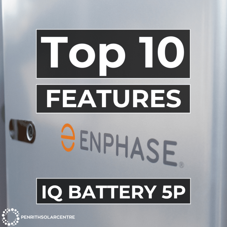 Close-up of an Enphase IQ Battery 5P with text overlay: "Top 10 Features" and the Penrith Solar Centre logo in the bottom left corner.
