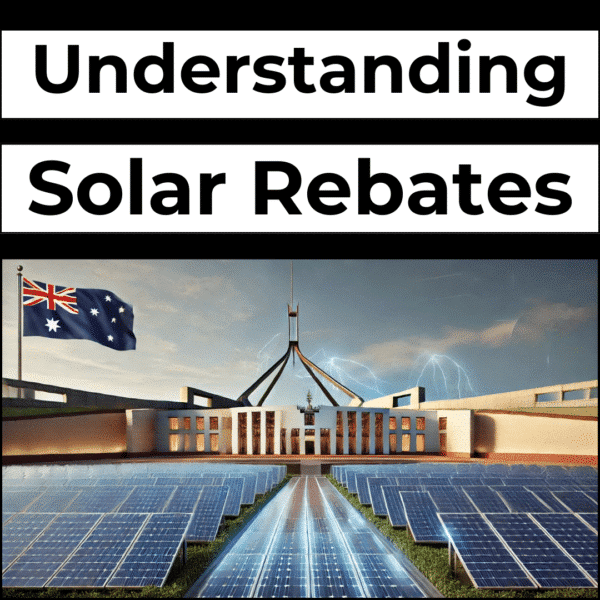 Image of solar panels in front of an Australian government building with lightning in the background. Text above reads "Understanding Solar Rebates.