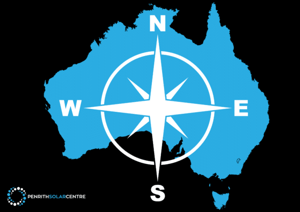 Image of Australia overlaid with a blue map and a white compass rose showing cardinal directions, with "Penrith Solar Centre" logo in the bottom left corner.