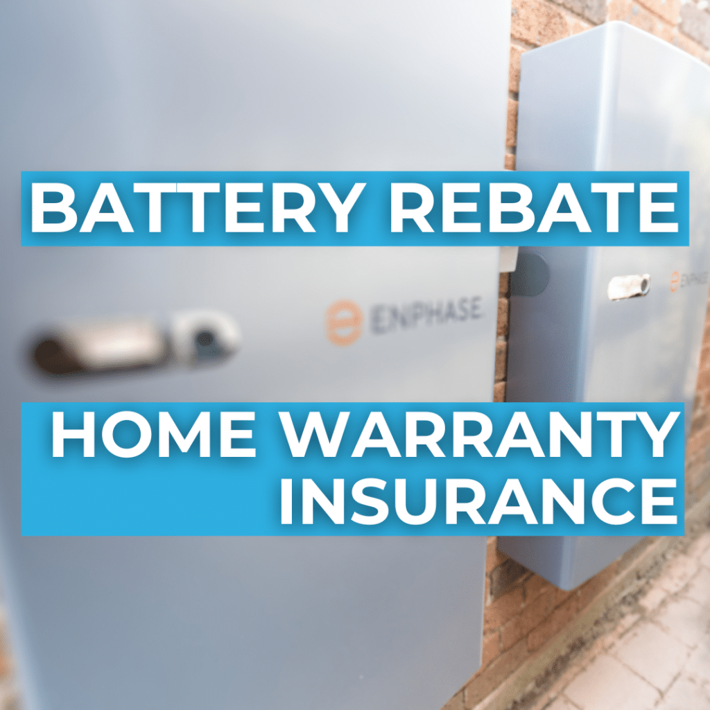 Blurry image of two electronic panels on a wall with text overlays reading "Battery Rebate" and "Home Warranty Insurance.