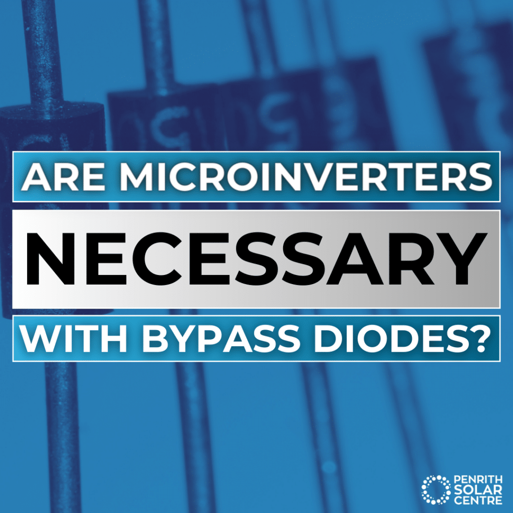 Image with a blue background showing the text "Are microinverters necessary with bypass diodes?" in white and black letters. Penrith Solar Centre logo in the bottom right corner.
