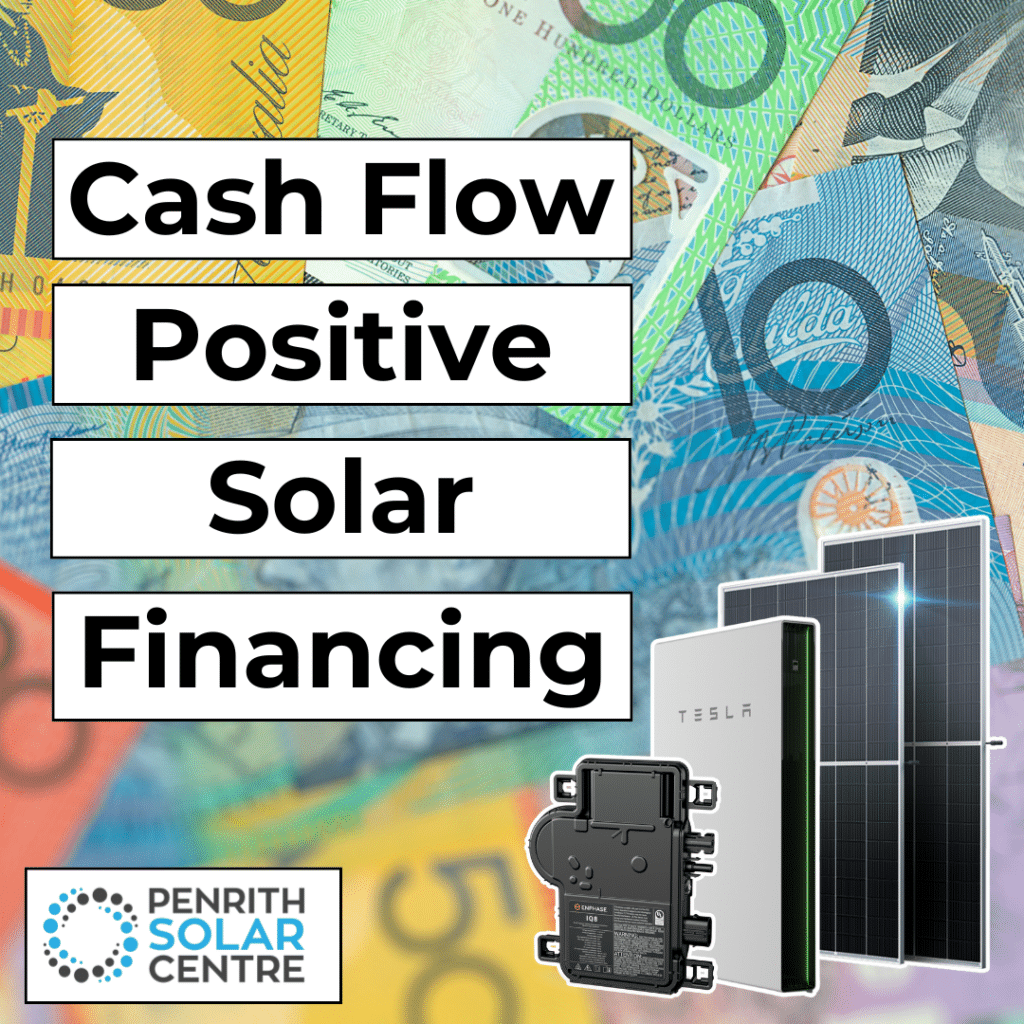 Image showing various Australian banknotes with the text "Cash Flow Positive Solar Financing". The image also includes a logo for Penrith Solar Centre and depictions of solar panels and related equipment.