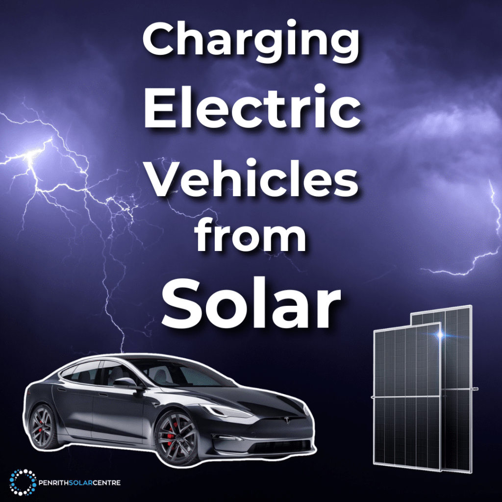 A black electric car and a solar panel against a stormy background with lightning. Text reads: "Charging Electric Vehicles from Solar".