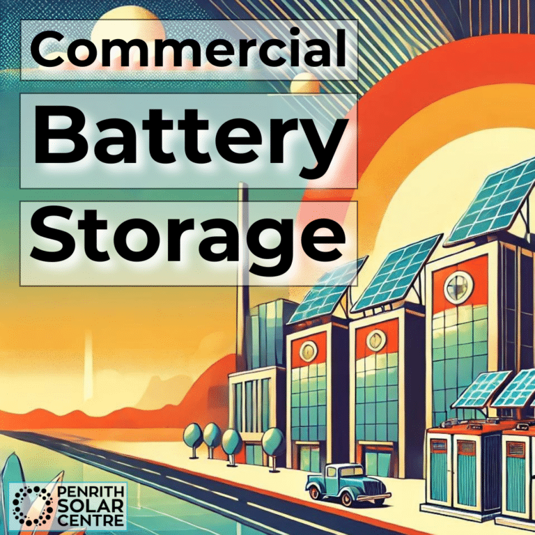 Illustration of a commercial facility with solar panels and battery storage units, accompanied by the text "Commercial Battery Storage" and a logo that reads "Penrith Solar Centre.