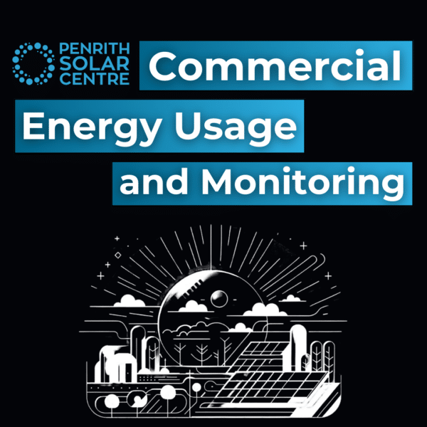 Penrith Solar Centre. Text: Commercial Energy Usage and Monitoring. Illustration: Renewable energy landscape with solar panels, buildings, and sun rays.