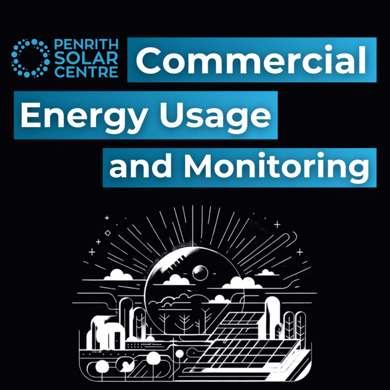 Penrith Solar Centre. Text: Commercial Energy Usage and Monitoring. Illustration: Renewable energy landscape with solar panels, buildings, and sun rays.