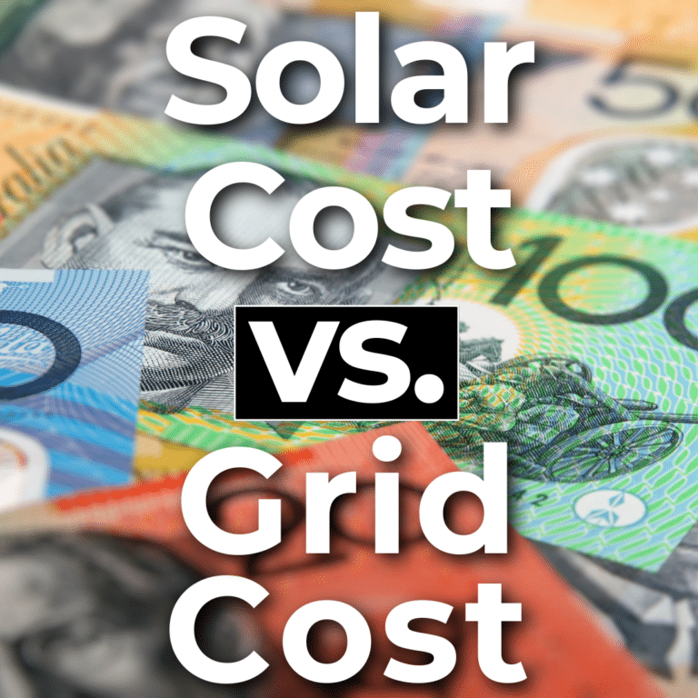 Assorted currency notes serve as a background for bold white text reading "Solar Cost vs. Grid Cost".