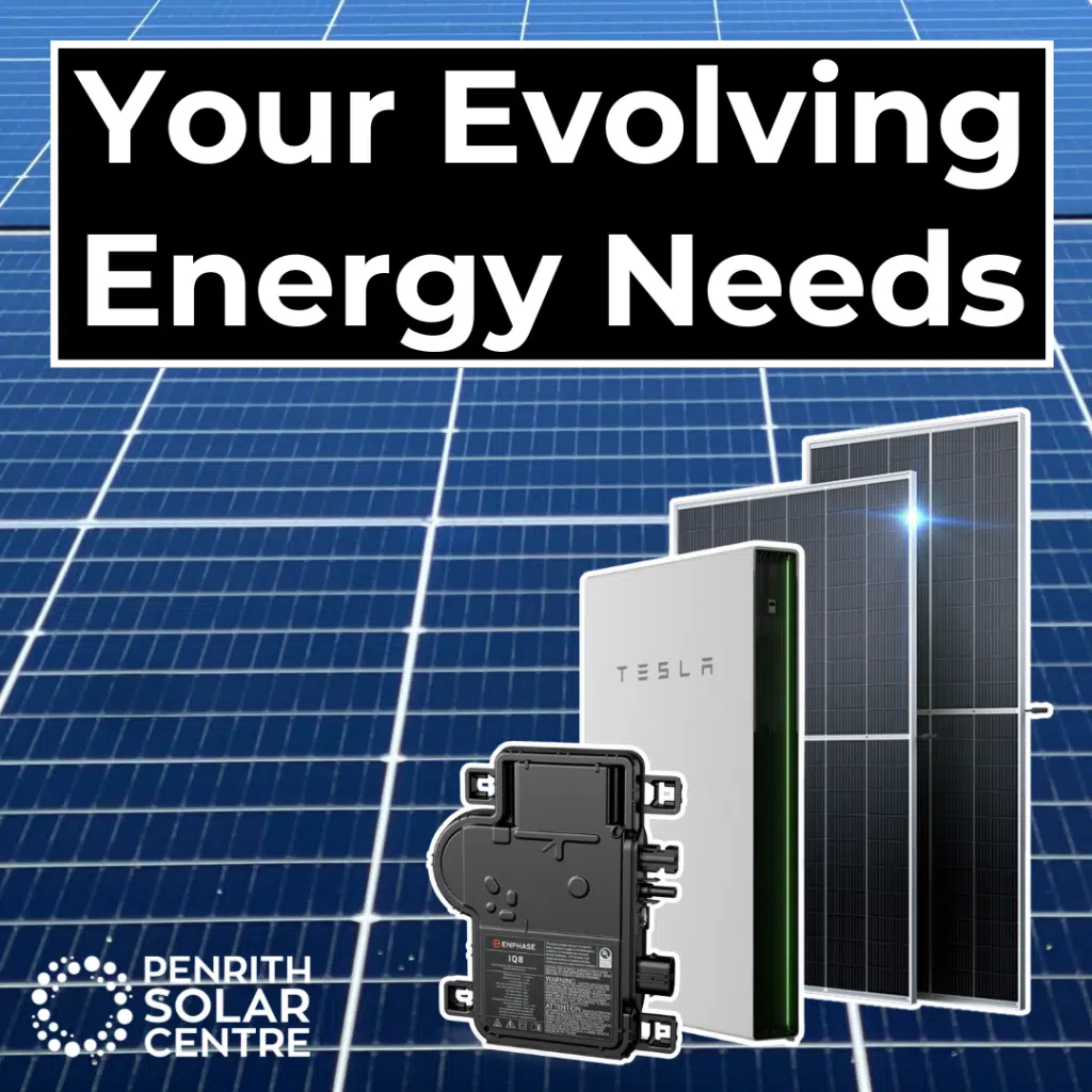 A graphics image with solar panels, a Tesla battery, and a power inverter, accompanied by the text "Your Evolving Energy Needs" and the logo of Penrith Solar Centre.