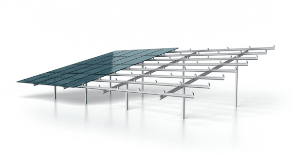 A partial structure of a solar panel array with metal supports and several solar panels installed, set against a white background.